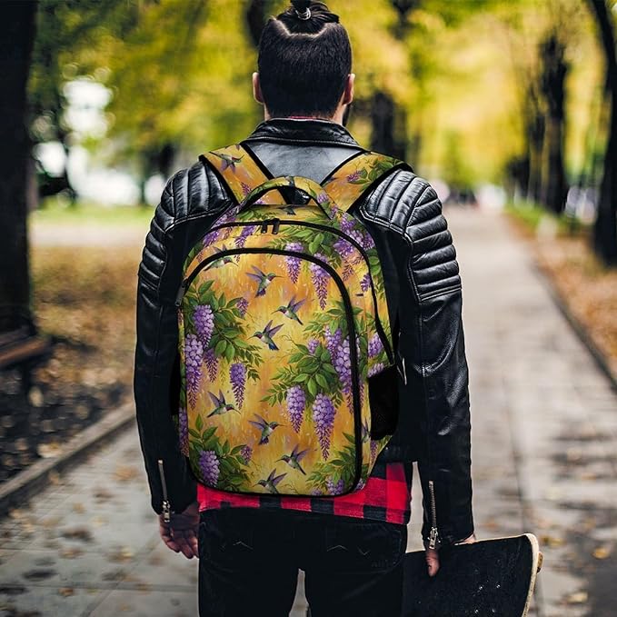 Personalized Business Backpack Purple Flowers And Hummingbird, Large Capacity Laptop Backpack with Organized Compartments for Work