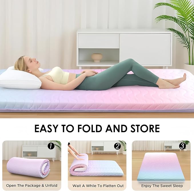 Japanese Floor Futon Mattress, 3.5" Thicken Colorful Rainbow Portable Floor Mattress, High-Density Foam Tatami Mat Sleeping Pad for Camping Guest Room Dormitory RV, Queen