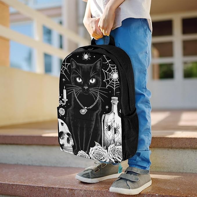 Supdreamc Polyester Daypack Backpack for Climbing Outdoors Running, Big Capacity Multipurpose Anti-Theft Bookbag, Black Cat Rose Skull Goth Travel Hiking Camping Rucksack
