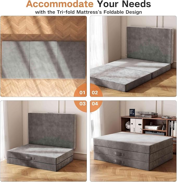Swbvs Tri-Fold Memory Foam Mattress, 4 inch Full Folding Mattress with Washable Covers, Reversible Design, Foldable Topper for Travel&Guests, 75"×54"×4"