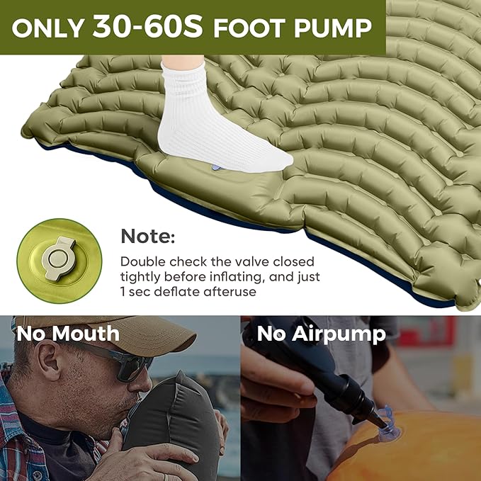 Double Camping Sleeping Pad, Ultra-Lightweight Inflatable Sleeping Mat with Built-in Pillow, Foot Pump, Compact and Portable, Ideal for Outdoor Camping Gear, Backpacking, Hiking(Duo)