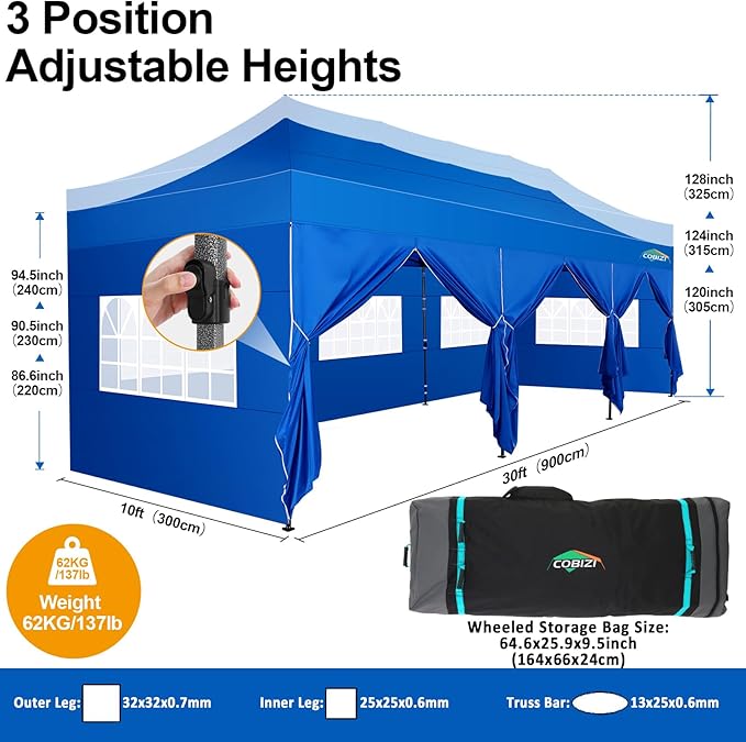 COBIZI 10x30 Pop up Canopy Tent 10x30 Canopy with 8 Sidewalls Waterproof Heavy Duty Commercial for Parties Outdoor Garden Gazebo Tent, Carry Bag with Wheel(10x30ft,Blue)