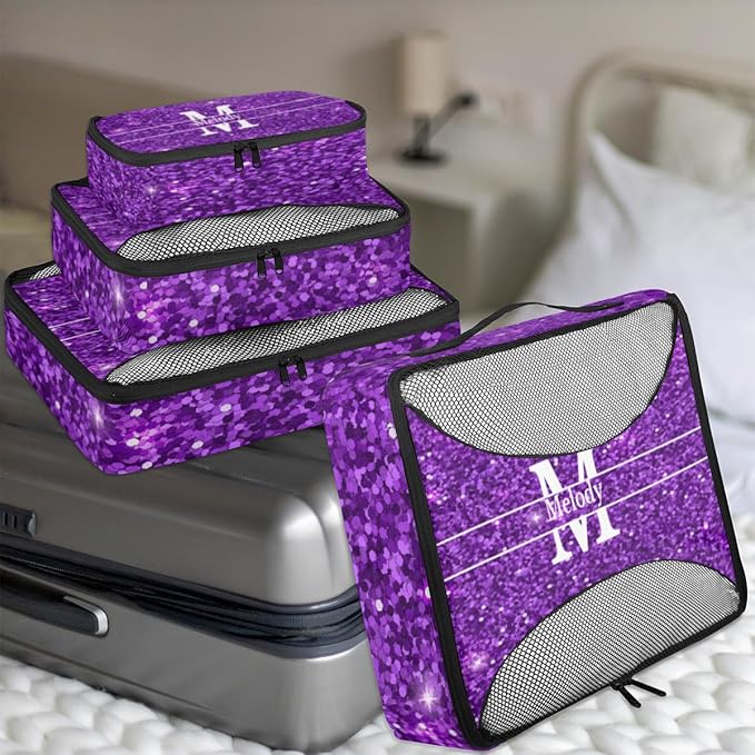 Custom Name 4 Pcs set travel luggage organizer Mesh Travel Essentials for Suitcases, Purple Sequins with Initial Letter