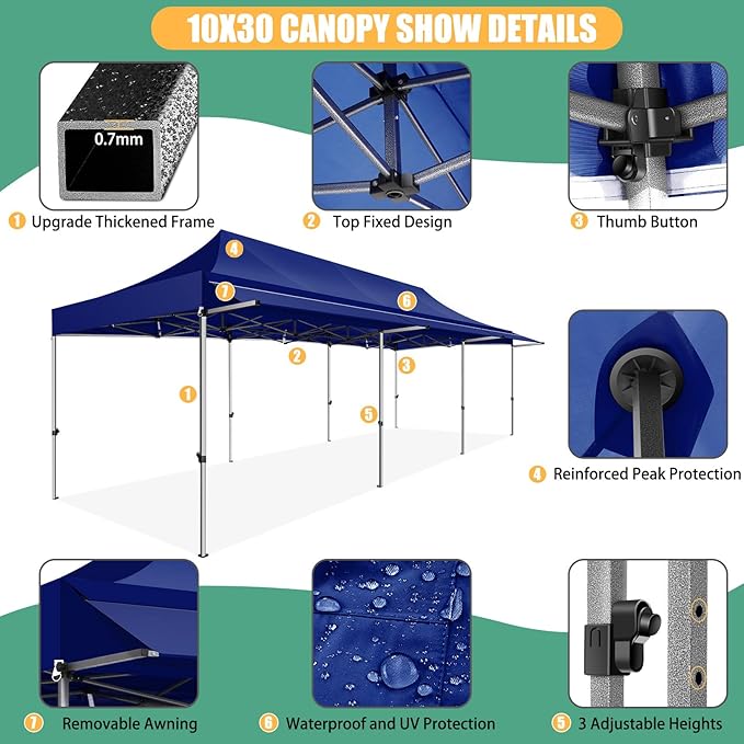 COBIZI 10x30 Pop Up Canopy Tent with Awning,Heavy Duty Canopy UPF 50+ All Season Wind Waterproof Commercial Outdoor Street Vendors Party Tents for Parties Canopy with Roller Bag(10 x 30 ft Dark Blue)