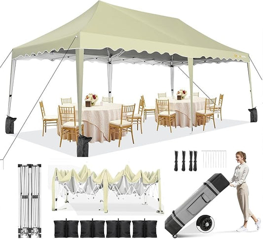 HOTEEL 10x20 Pop Up Canopy, Outdoor Easy Setup Party Tent, Waterproof Portable Enclosed Event Shelter with Wheeled Bag, Weight Bag for Backyard, Vendor, Khaki