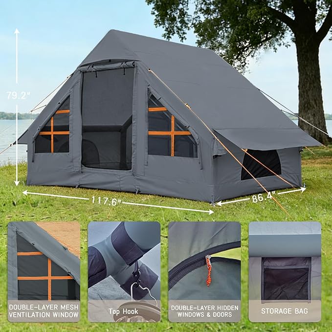 Inflatable Tents with Hand Pump Hot Tent with Stove Jack Easy Blow Up Glamping Tent with Mesh Windows, 4-6 Person Instant Family Camping Tents Waterproof for 4 Seasons