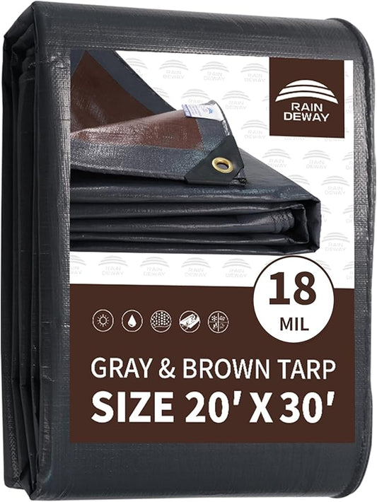 RAINDEWAY 20x30 Feet Super Heavy Duty Tarp 18 Mil, UV Resistant, Weatherproof, Multipurpose Waterproof Poly Tarp with Grommets and Reinforced Edges, Brown/Gray Tarps
