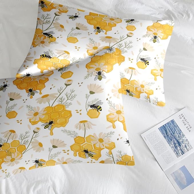 Comforter Set Queen Size, Bees Honey Flower 7 Pcs Bedding for Kids and Adults, Floral Animals Summer Bed Sheet Sets with Fitted Sheet 2 Pillowcases & 2 Shams for Bedroom Bed Decor