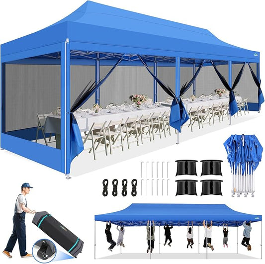 COBIZI 10x30 Canopy Tent, Heavy Duty Pop up Canopy with Sidewalls, Waterproof Easy Setup Canopy with Mosquito Netting, Outdoor Instant Screen Tents for Parties, Wedding with Roller Bag, Blue