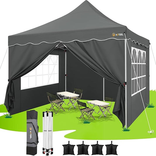 HOTEEL Canopy Tent 10x10 Pop Up Canopy with 4 Removable Sidewalls, Sandbags, Stakes & Ropes, UPF 50+ Easy Setup Canopy Tent Waterproof Outdoor Instant Portable Shelter for Party, Events, Vendor, Gray