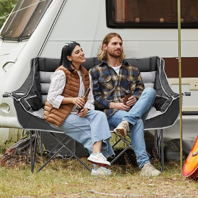 DoCred Double Camping Chair - Oversized Loveseat, 2 Person Camping Chair for Adults Heavy Duty,Two Person Folding Chair with Cup Holder, Supports up to 500 LBS for Outside Picnic Beach Travel