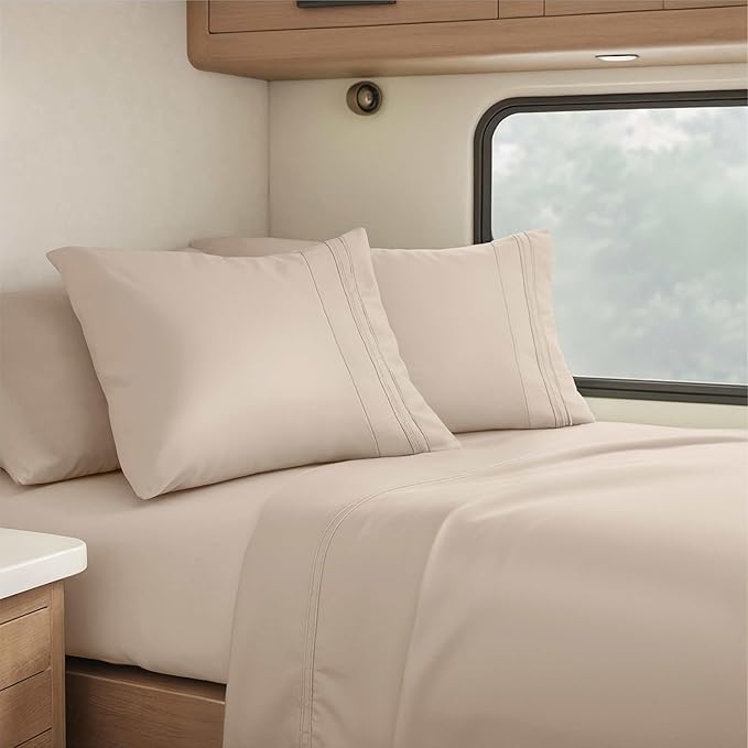 Hearth & Harbor Short Queen Sheets for RV, Beige Cream RV Queen Sheets, Silky Soft 1800 Microfiber Bed Sheet for Camper, 4 Piece RV Bedding with Pillowcases