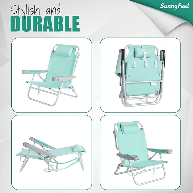 SUNNYFEEL Extra Wide Low Beach Chair 5 Position Lay Flat 500 LBS Heavy Duty, XL Oversized Portable Folding Camping Chairs with Cup Holder for Outdoor/Trip, Lightweight Backpack Beach Chair for Adults