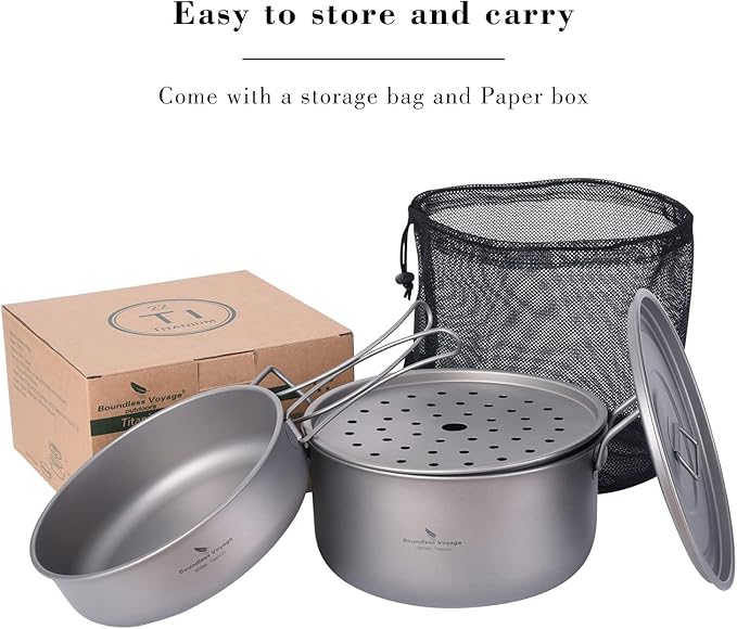 Boundless Voyage Multifunctional Titanium Steamer Pot with Frying Pan and Vented Lid Outdoor Camping Backpacking Kitchen