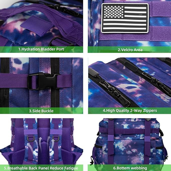 Military Tactical Backpack 55L for Men & Women Bug Out Bag Assault pack Molle Daypack Hiking Trekking Rucksack (Purple tie dye)