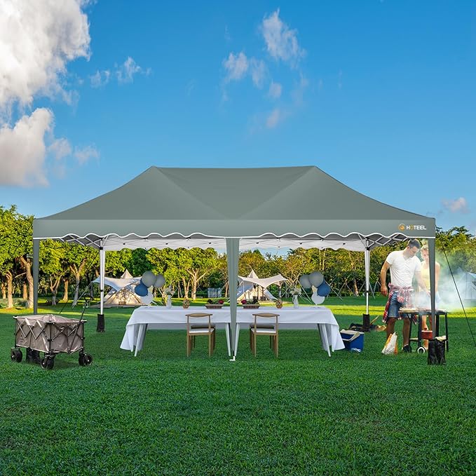 HOTEEL 10x20 Pop Up Canopy, Outdoor Easy Setup Party Tent, Waterproof Portable Enclosed Event Shelter with Wheeled Bag, Weight Bag for Backyard, Vendor, Grey Green
