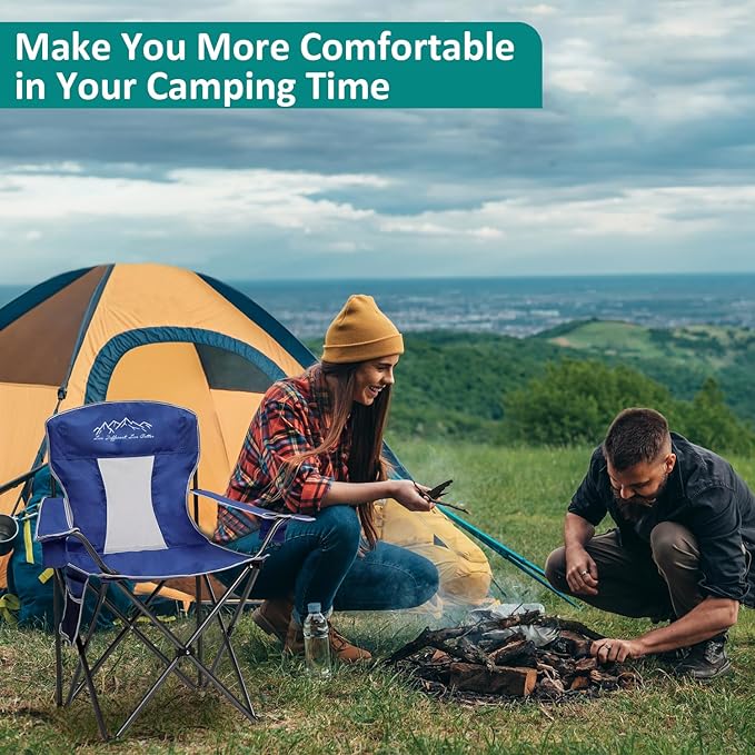 Outdoor Folding Camping Chair with Cup Holder, Storage Bag, Large Anti-Sink Feet, 325lbs Capacity, Breathable Mesh Portable Chair for Camping, Beach, Fishing, Sports, Blue
