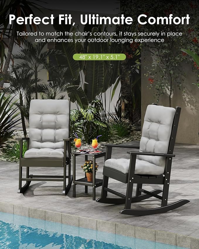 GREENVINES Rocking Chair Cushions Set of 2 | Polyester | Waterproof | Outdoor High Back Rocker Chairs Cushion | Seat with Ties | Non-Slip | Thickened Pad for Patio | 46.5" x 18.5" x 4.3" | Grey