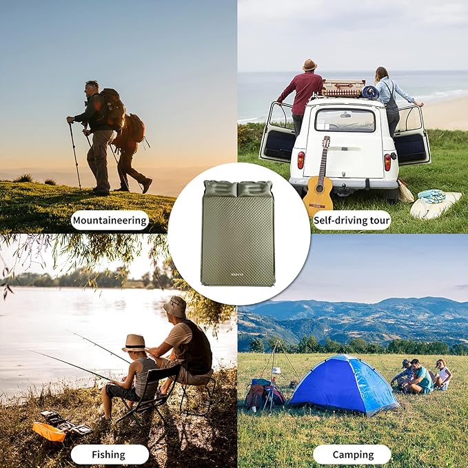 Double Camping Sleeping Pad with Pillow, 2" Memory Foam Camping Mattress 2 Person, 5R Insulated Self Inflating Camping Pad, Air Mattress Inflatable Sleeping Mat for Tent, Backpacking, Hiking (Khaki)