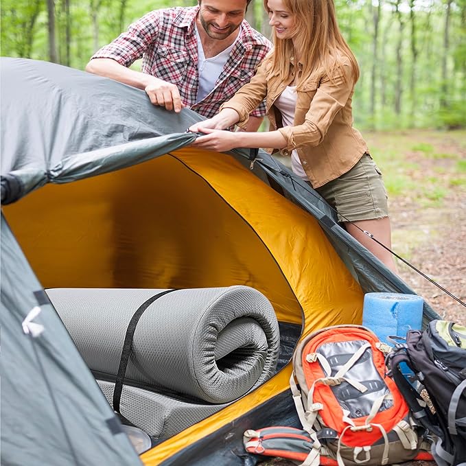 Memory Foam Camping Mattress Pad, 3 Inch Portable Roll Up Mattress Sleeping Pad for Camping, Non-Slip Bottom & Waterproof Zipper Cover for Sleepover Guest, 75"x38"x3"