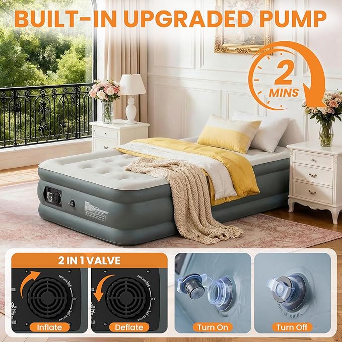 Twin Air Mattress with Built-in Pump, 18 Raised Inflatable Air Mattress, 500 lbs Max Honeycomb Comfortable Air Bed with Storage Bag, for Camping, Home and Guest Use