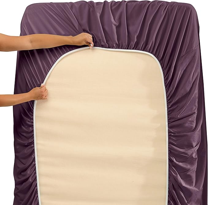 Clara Clark Flex Top King Sheets, 6 Piece Set - Hotel Luxury Sheets for Top Split King Bed, Super Soft Bedding Set, Head Split King Eggplant Purple