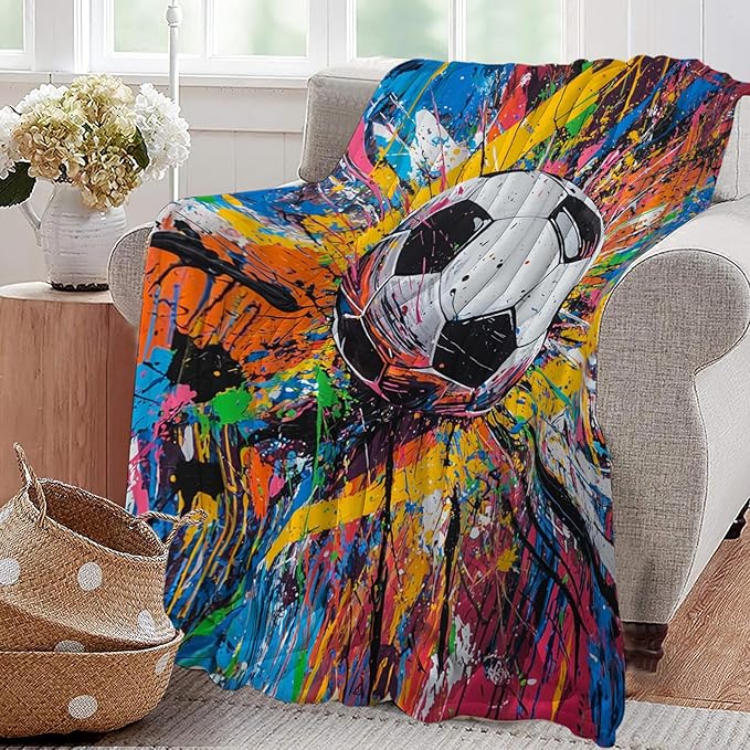 Graffiti Soccer Blanket Banksy Sport Throw Blankets Gifts for Girls Boys Kids Soccer Lover Soft Cozy Fleece Plush for Couch Sofa Bed 80"x60"