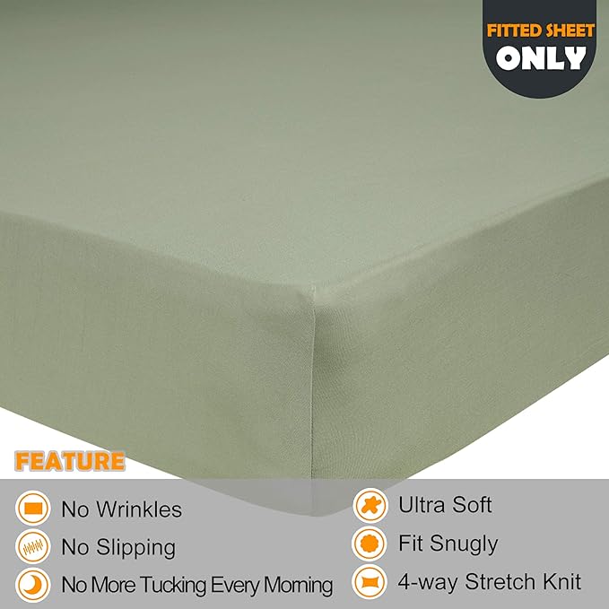 Soft Stretch Twin Fitted Sheet Only - Jersey Knit & Cozy T-Shirt Like, 4-Way Stretchy Snug Fit & Wrinkle Free, No More Slipping Mattress Sheets - Sage Green, Twin