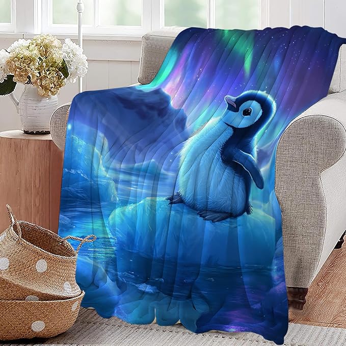 Cute Penguin Blanket Aurora Starry Night Animal Throw Blankets Gifts for Girls Boys Kids Penguin Lover Soft Cozy Fleece Plush for Couch Sofa Bed 80"x60"