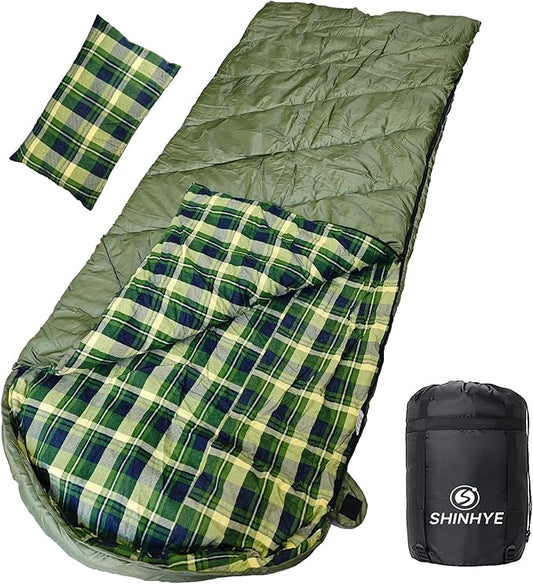 ShinHye 0 Degree Sleeping Bag for Adults - Cotton Flannel 4 Season Cold Weather Winter, XXL Big and Tall Camping Sleeping Bag with Compression Sack
