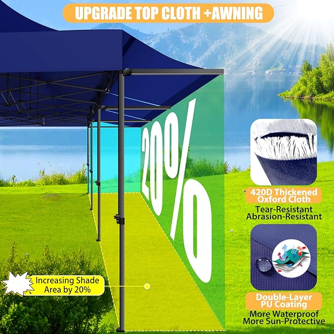 COBIZI 10x30 Pop Up Canopy Tent with Awning,Heavy Duty Canopy UPF 50+ All Season Wind Waterproof Commercial Outdoor Street Vendors Party Tents for Parties Canopy with Roller Bag(10 x 30 ft Dark Blue)