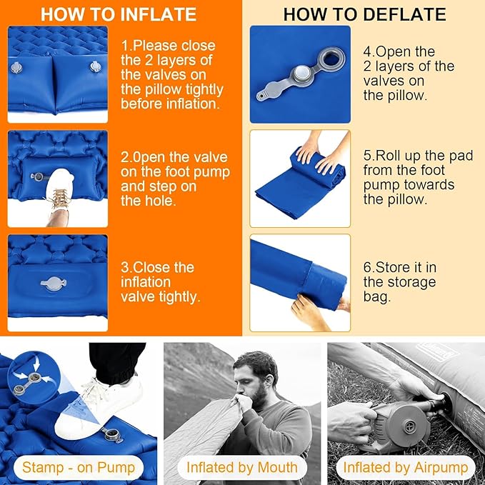 Double Sleeping Pad, Ultralight 4" Extra-Thick Self Inflating Sleeping Mat for 2 Person with Pillow Built-in Foot Pump Portable Camping Mat for Backpacking, Hiking, Traveling, Tent, Camping(Blue)