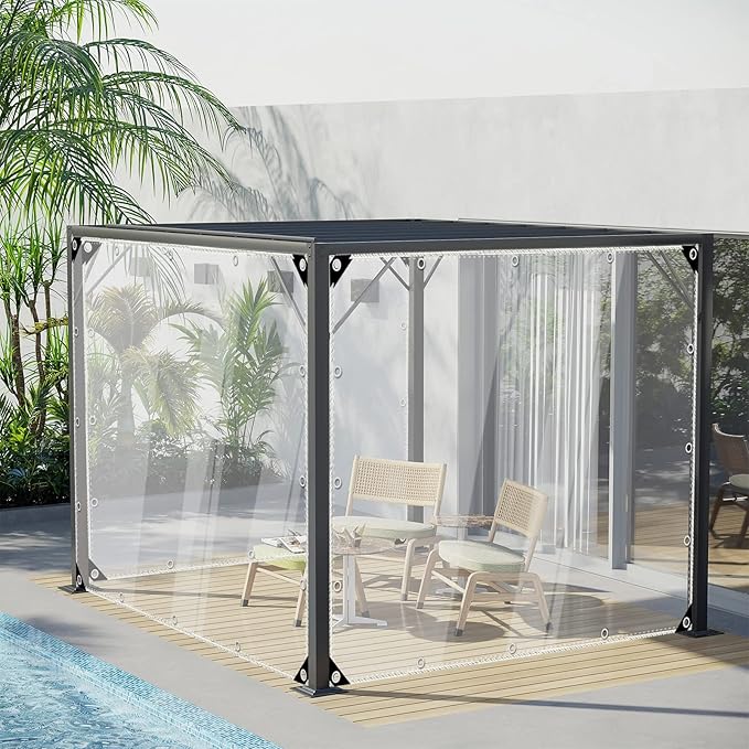 Clear Tarps Heavy Duty Waterproof, 15Mil Transparent PVC Vinyl Tarpaulin with Grommets, Ropes, Reinforced Edge, Tear-Resistant, Anti-UV for Greenhouse, Patio, Garden, Porch, Pavilion, Outdoor