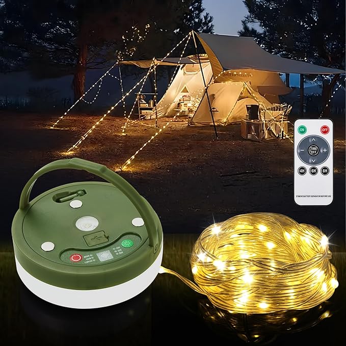 Camping String Lights 4 in 1, Anpro 32.8 Ft String with Warm White 130 LEDs, USB Rechargeable with Remote Control, Adjustable Brightness, 6 Light Modes, Portable Camping Light for Outdoor, Decoration