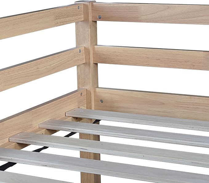KEIKI Twin Low Loft Bed with Slide & Ladder, Rubber Wood, Underbed Storage, Guardrails, White Oak