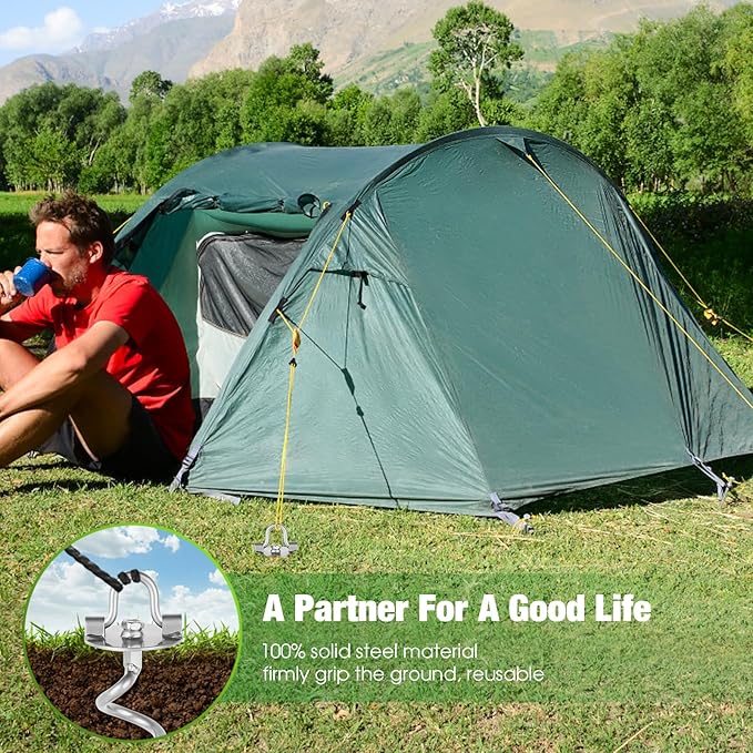 MIXXIDEA 11.4 Inch Gound Anchors Screw in, Metal Spiral Earth Anchors Kit, Heavy Duty Folding Ring Spiral Stake, Silver Ground Stakes for Tent, Trampolines, Garden Fence, Sheds, Swings (Pack of 4)