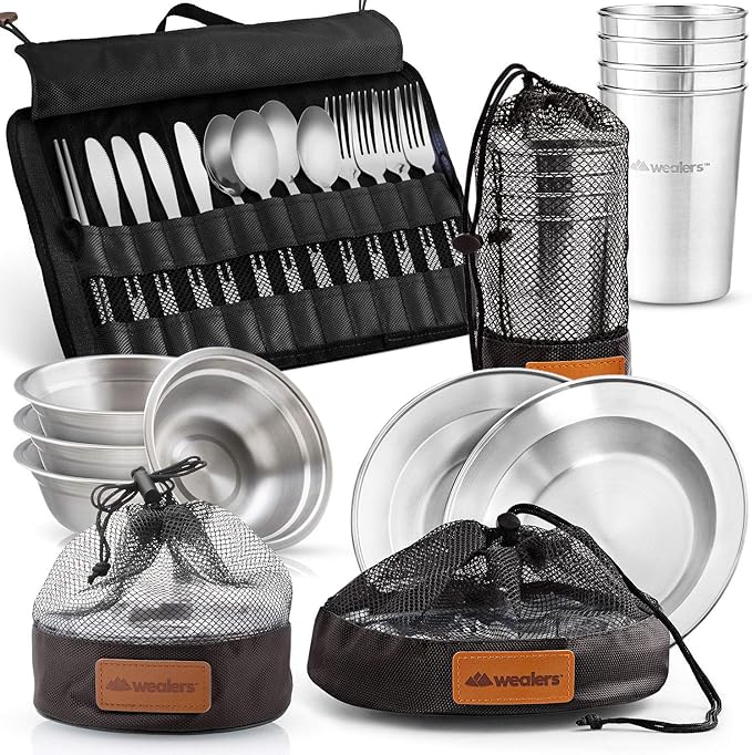 Wealers Unique Complete Messware Kit Polished Stainless Steel Dishes Set| Tableware| Dinnerware| Camping| Buffet| Includes - Cups | Plates| Bowls| Cutlery| Comes in Mesh Bags (4 Person Set)