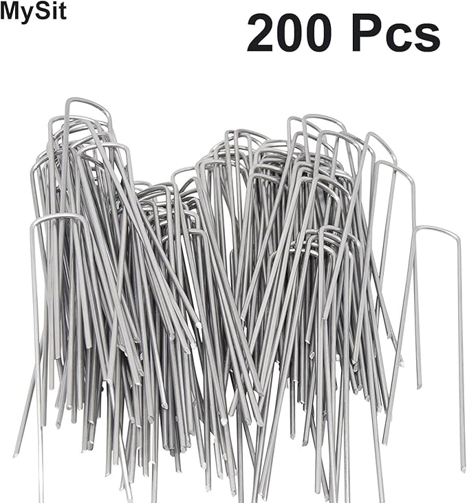 MySit 6" Galvanized Landscape Staples Garden Stakes Pins 200 Pack, Heavy-Duty 11 Gauge Garden Staples Anti-Rust Fence Stakes for Anchoring Weed Barrier Fabric Irrigation Tubing Soaker Hose