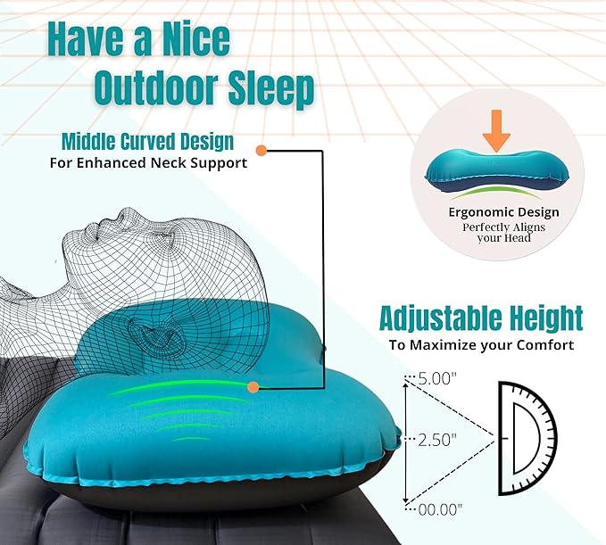 Inflatable Camping and Travel Pillows with Travel Bag- Water-Resistant-Compressible Air Pillow for Neck and Back Support-Packable Pillow for Camping-Hiking and Backpacking-Pack of 1-Cool Blue