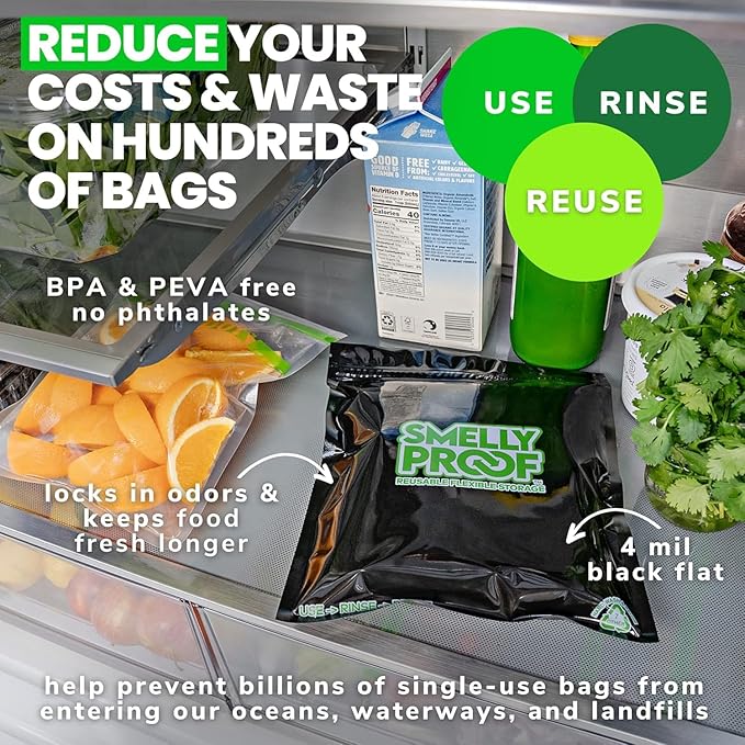 Smelly Proof Reusable Bags Black, 4-MIL Thick HEAVY DUTY, US-Made BPA Free, No PEVA, Non-Silicone, Reusable Food Storage Bags, Reusable Freezer Bags, Quart 8.5" x 10" 50-Pack
