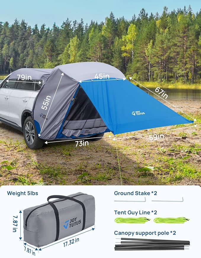 JOYTUTUS SUV Tailgate Tent with Big Awning, Water Resistant SUV Camping Tent with Car Roof Cover, Universal Fit Most Suvs, Car, Grey Blue