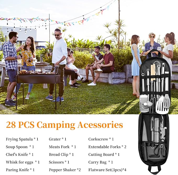 Camping Cooking Utensils Set, Stainless Steel Grill Tools, Camping BBQ Cookware Gear and Equipment for Travel Tenting RV Van Picnic Portable Kitchen Essentials Accessories