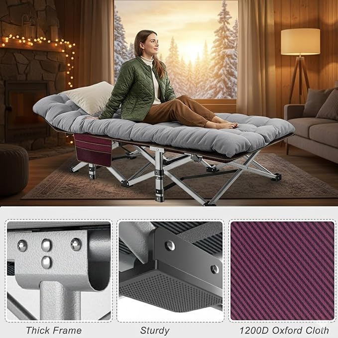 ABORON Folding Camping Cot W/Mat for Adults, Heavy Duty Outdoor Bed with Carry Bag,1200 D Layer Oxford Travel Camp Cots