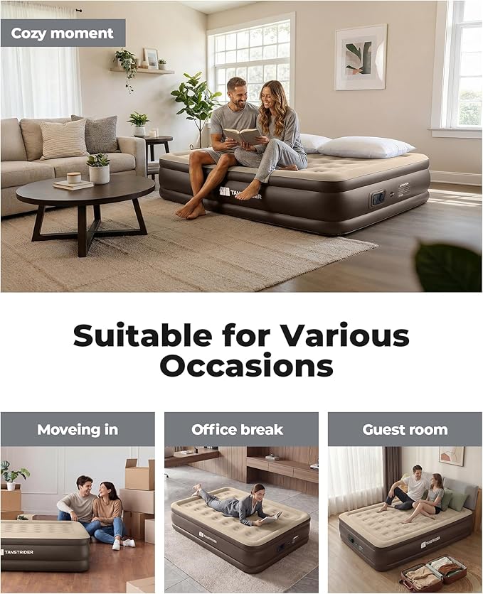 Air Mattress Full with Built in Pump,18'' Raised Blow Up Air Bed, 3 Mins Quick Self-Inflation/Deflation Inflatable Bed for Guests & Home, Outdoor Camping, 600lbs Max(Light Brown)