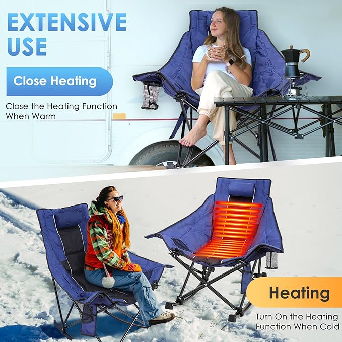 Suteck Heated Rocking Camping Chair - Fully Thicker Padded Heated Chairs for Outdoor Sports W/3 Heat Levels for Back & Seat, Heated Folding Chair for Adults with Carry Bag- Battery NOT Included