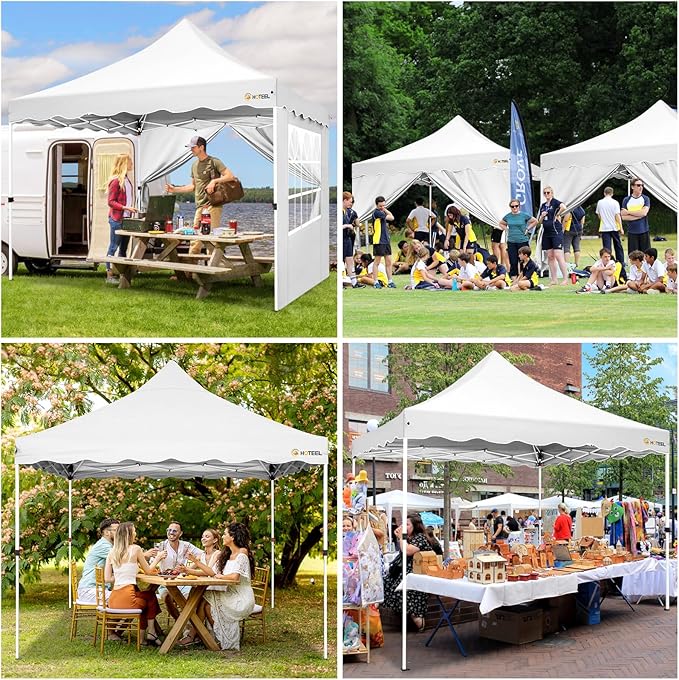 HOTEEL 10x10 Pop Up Canopy Tent with 4 Removable Sidewalls, Sandbags, Stakes & Ropes, UPF 50+ Easy Setup Event Tent Waterproof Outdoor Instant Portable Shelter for Party, Backyard, Vendor, White