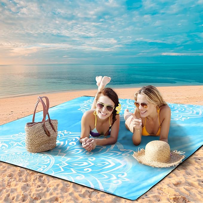 Beach Blanket Waterproof Sandproof Beach Mat 79" X 83"/10'x9'for 2-8 Adults Quick Drying Outdoor Picnic Mat Beach Accessories for Travel, Camping, Hiking