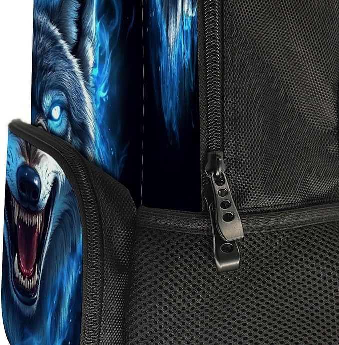Men Women Polyester Blue Fire Flame Wolf Daypack Big Capacity Shoulder Bag With Smooth Zippers for Hiking Work Walking Cycling