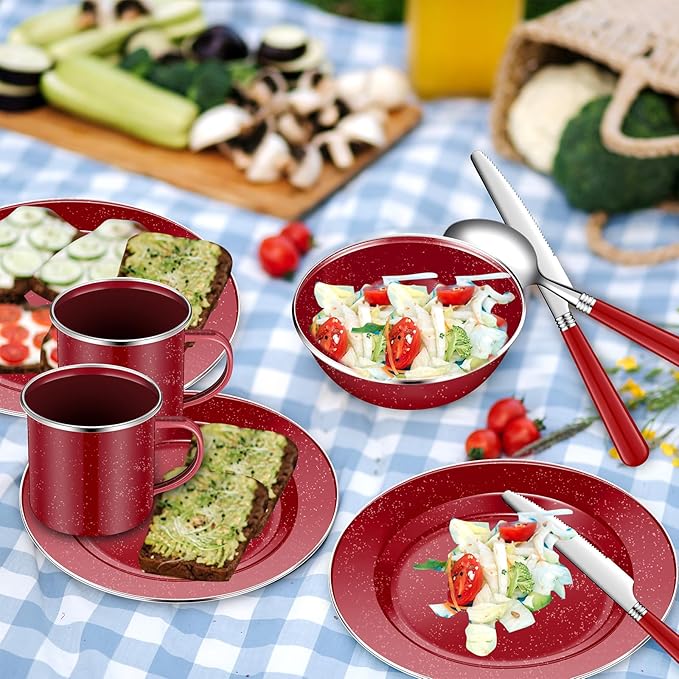 Nuogo 12 Pcs Enamel Camping Tableware Set Dinnerware Kit Includes 12 oz Coffee Mugs Camping Plates Bowls and Utensils Set with Knife Fork Spoon for 2 People Hiking Picnic Outdoor
