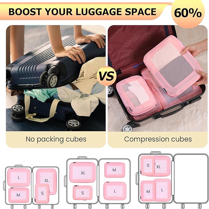 4 Set Ultralight Compression Packing Cubes Travel for Suitcases ,Compressible Mesh Packing Cubes for Travel Women Packing Organizers (Pink)